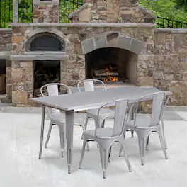 Emma + Oliver - Commercial Grade Rectangular Metal Indoor-Outdoor Table Set with 4 Stack Chairs - Silver