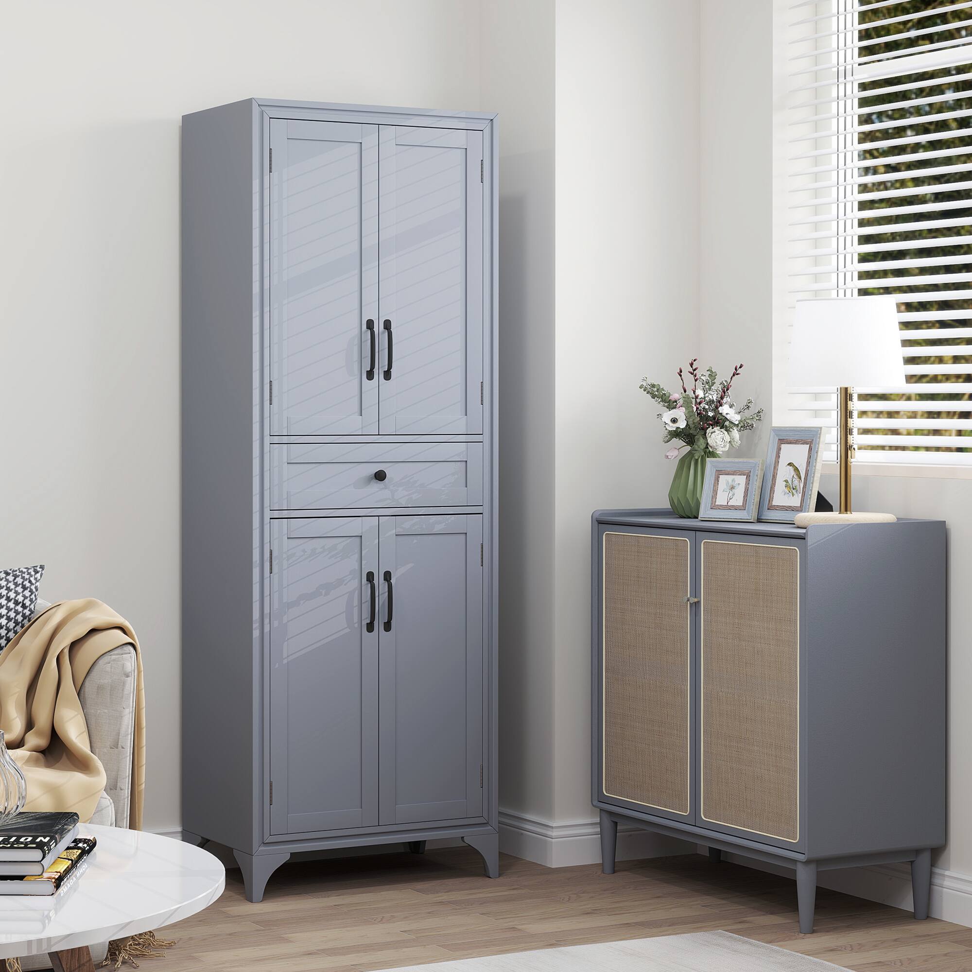 Alt View 7. Homcom - 67" Tall Freestanding Kitchen Pantry Cabinet, 4-Door Storage Cabinet with Drawer and Adjustable Shelves for Dining Room - Grey.
