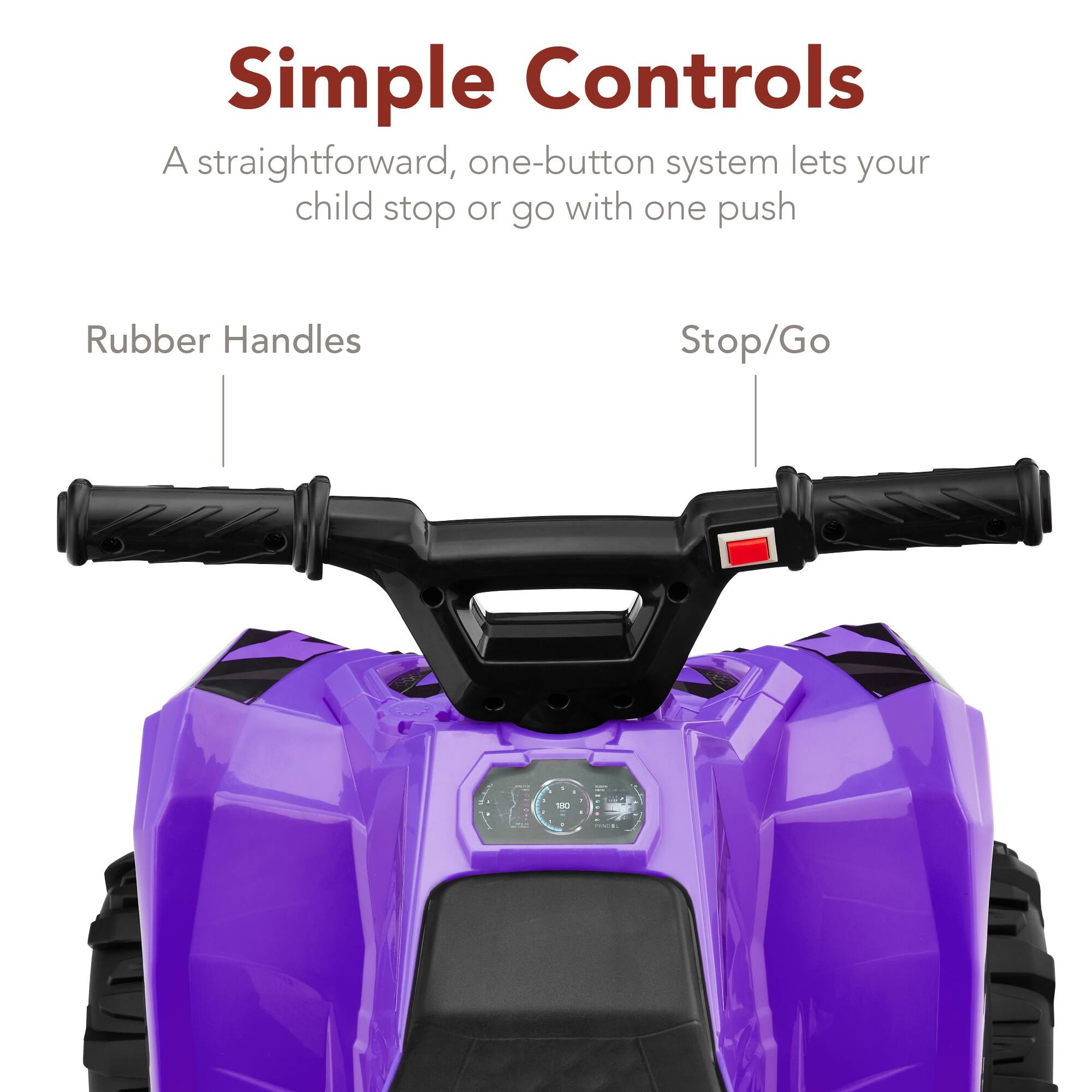 Simple Controls: A straightforward, one-button system lets your child stop or go with one push. Rubber Handles. Stop/Go.
