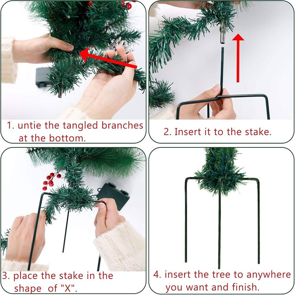 1. Untie the tangled branches at the bottom.
2. Insert it to the stake.
3. Place the stake in the shape of "X".
4. Insert the tree to anywhere you want and finish.