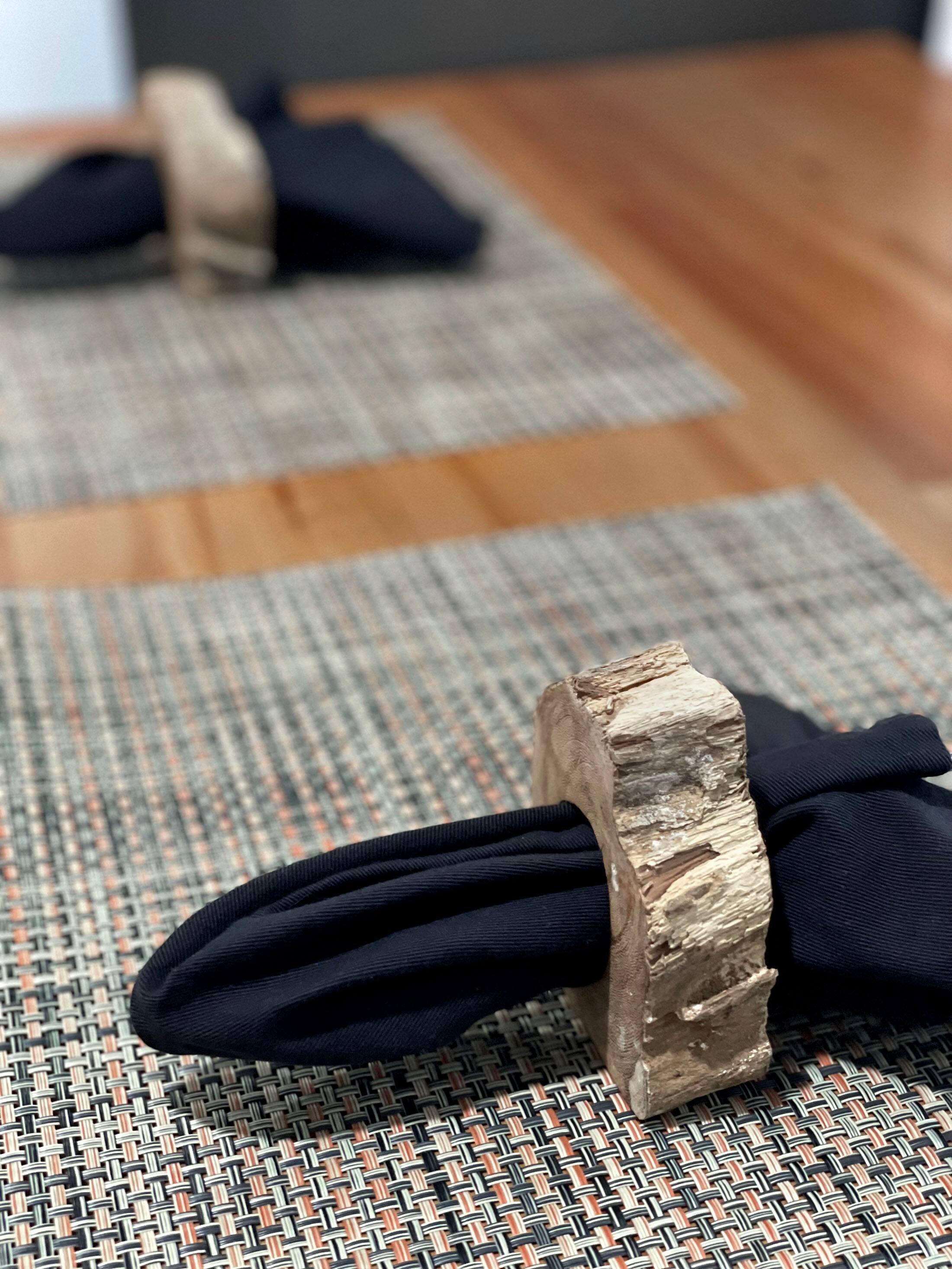 Alt View 7. Zeckos - Set of 8 Hand Crafted Natural Acacia Wood Slice Napkin Rings - Brown.