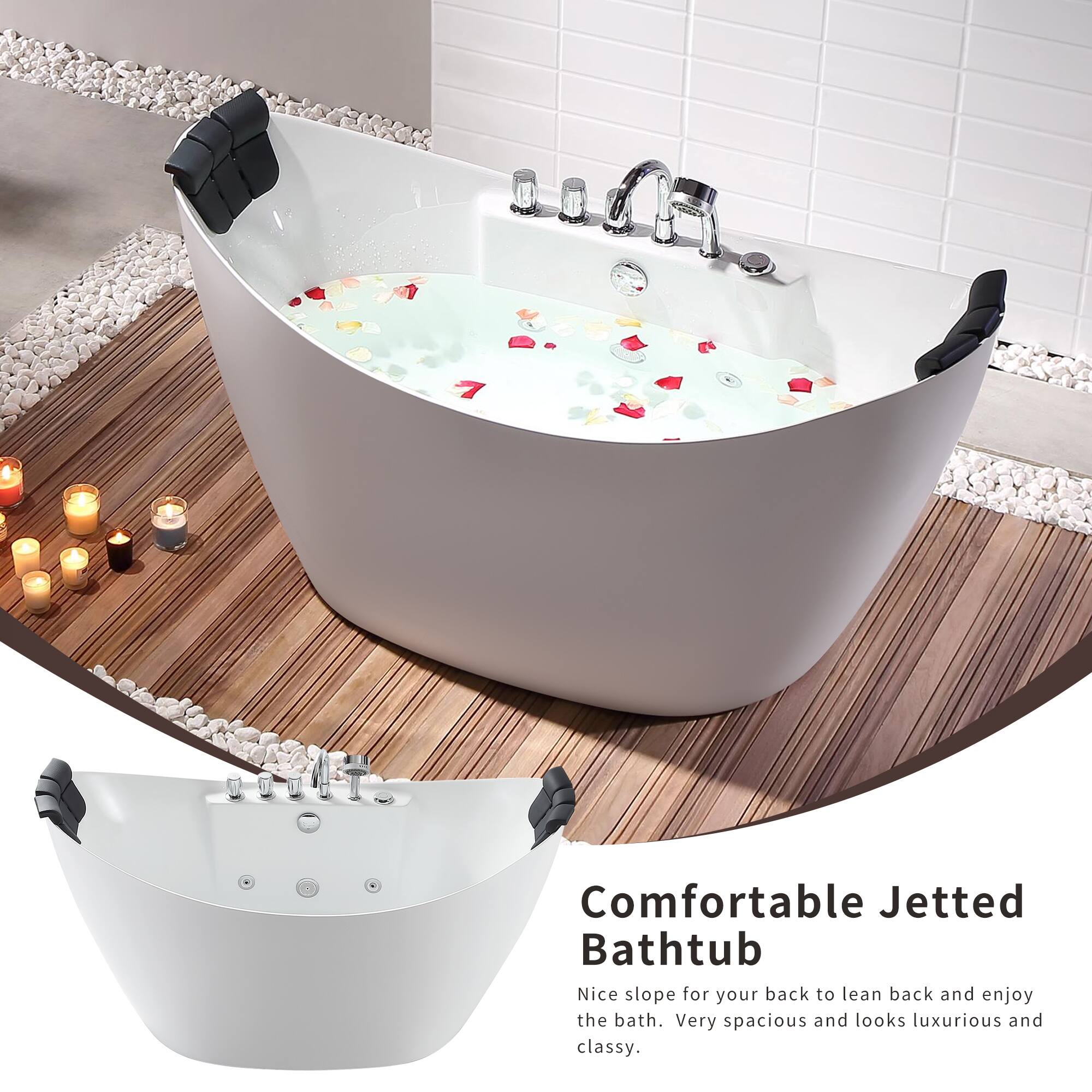 Comfortable Jetted Bathtub  
Nice slope for your back to lean back and enjoy the bath. Very spacious and looks luxurious and classy.