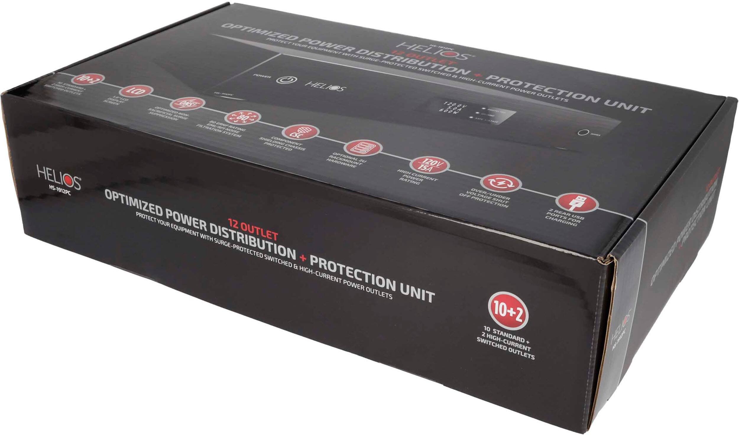 The text on the image is already grouped and corrected. It reads:

"Optimized Power Distribution Protection Unit - 800W - 1200V - 15A - 120V - High-Current Protection - Surge-Protected + Switched - 10+2 or 2 Standard Switched + Outlets - H5-1912PC - USA Rated - Power Equipment - Helios."