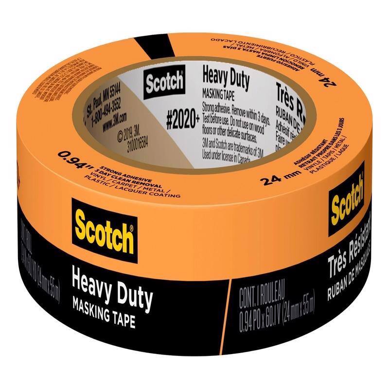 Scotch  
Heavy Duty Masking Tape  
#2020  
0.94" x 60 yd (24 mm x 55 m)  

Strong adhesive. Remove within 3 days. Test before use. Do not use on wood floors or other delicate surfaces.  
3M and Scotch are trademarks of 3M. Used under license in Canada.  

Tres Résistant  
Ruban de Masquage  

CONT. 1 ROLLEAU  
0.94" x 60 yd (24 mm x 55 m)  

Strong adhesive. Remove within 3 days. Test before use. Do not use on wood floors or other delicate surfaces.  
3M and Scotch are trademarks of 3M. Used under license in Canada.  

SL. Pu. MN 55144  
+1-800-494-3552  
www.3M.com  
© 2019 3M  
3100016584