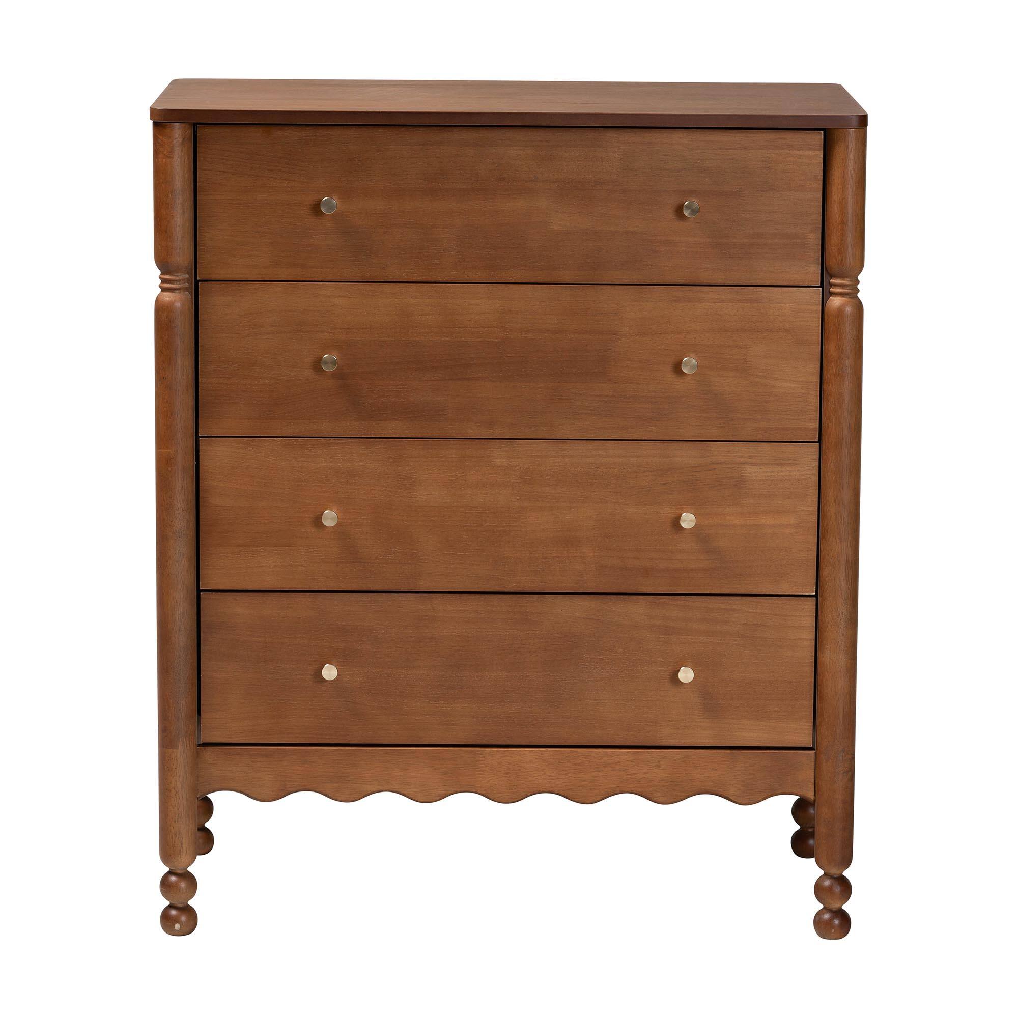 Back. Baxton Studio - Hoffman Chest - 4-Drawer Vertical Storage Cabinet with Scalloped Apron and Turned Legs for Bedroom - Walnut Brown.