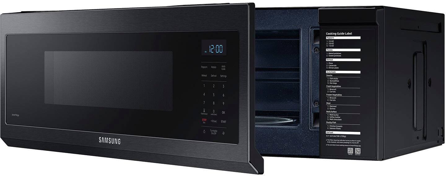 The text on the image is a mixture of different sentences and phrases, making it difficult to group and correct. However, I can provide a general explanation of the content:

The image features a Samsung microwave oven with a black door. The microwave has a display screen that shows the time, and there are various buttons on the front panel. The buttons are labeled with different functions, such as cooking guide, popcorn, and auto cook. The microwave is designed to cook a variety of dishes, including fish, vegetables, and snacks. The display screen also shows the time and temperature settings for different cooking modes.