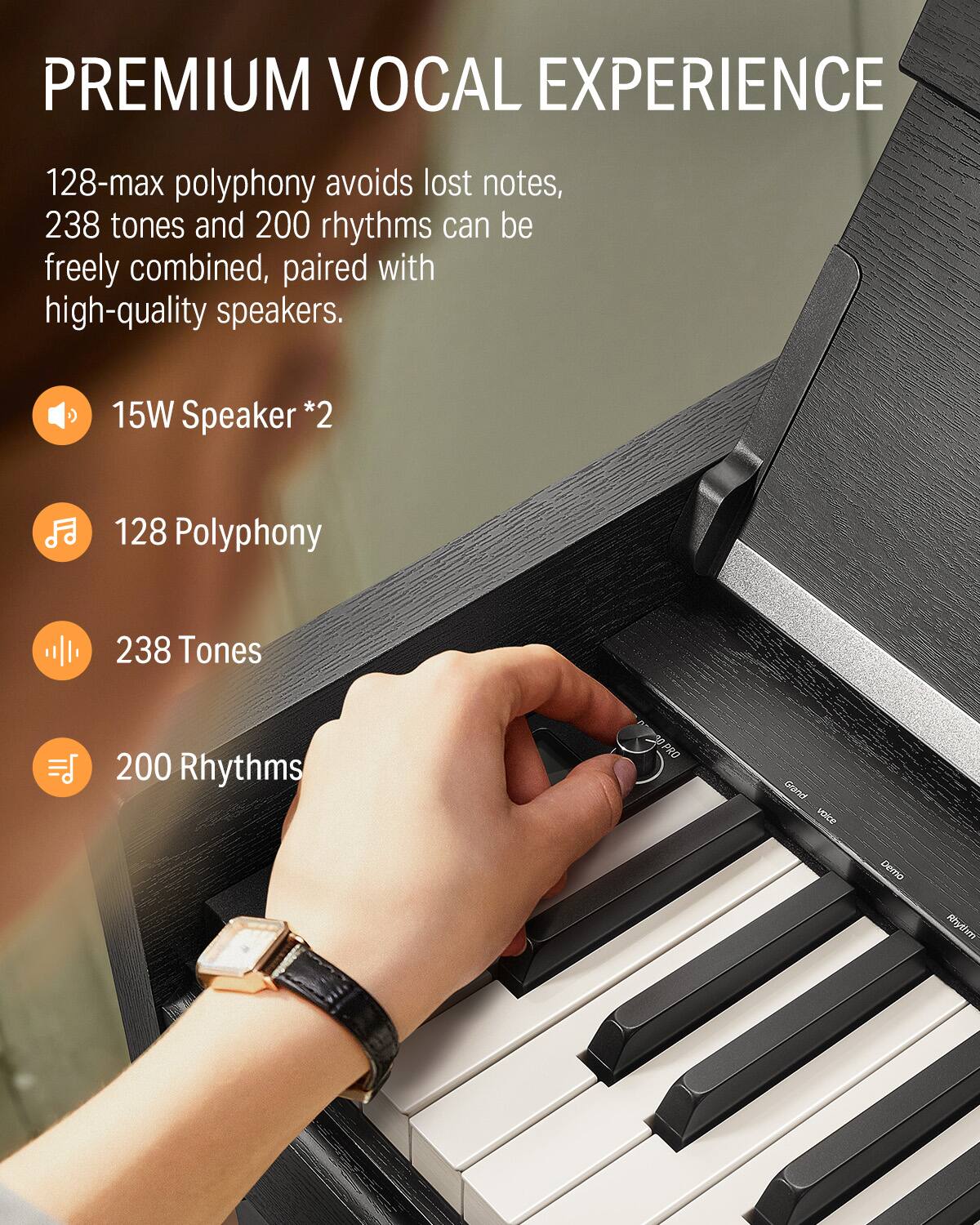 PREMIUM VOCAL EXPERIENCE

128-max polyphony avoids lost notes, 238 tones and 200 rhythms can be freely combined, paired with high-quality speakers.

15W Speaker *2  
128 Polyphony  
238 Tones  
200 Rhythms
