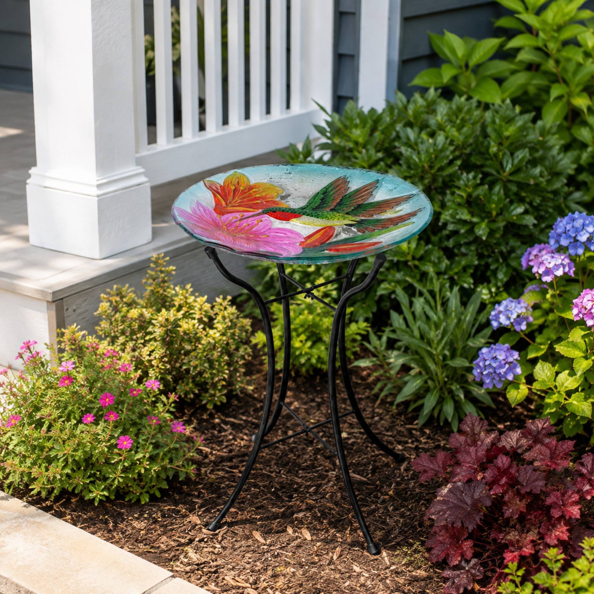 Alt View 3. Teamson Home - 18-Inch Hummingbird Glass Bird Bath Bowl.