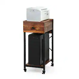 Oumilen - Rustic Rolling Computer Tower Stand with Built-In Charging Station & Drawer - Brown