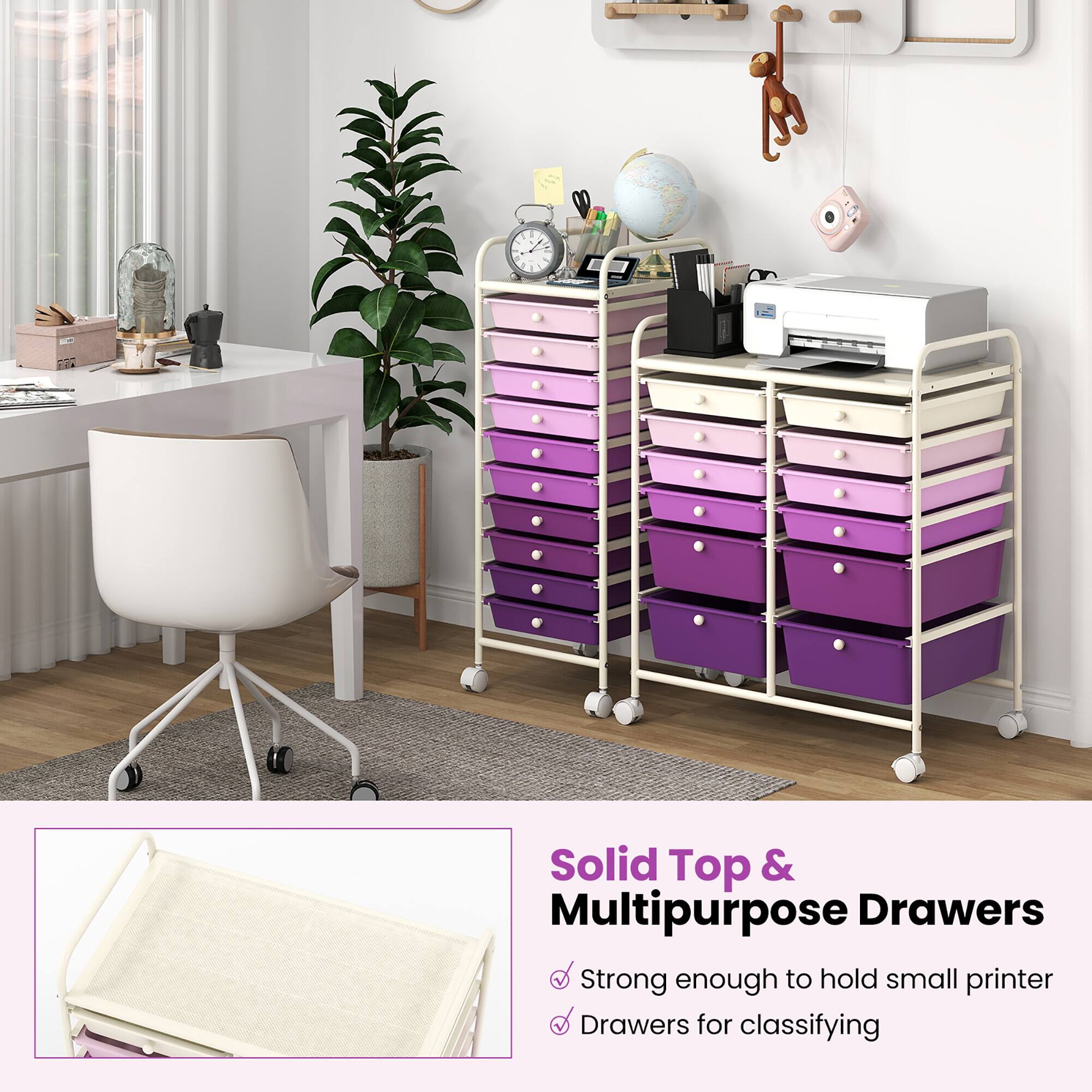 Solid Top & Multipurpose Drawers

- Strong enough to hold small printer
- Drawers for classifying