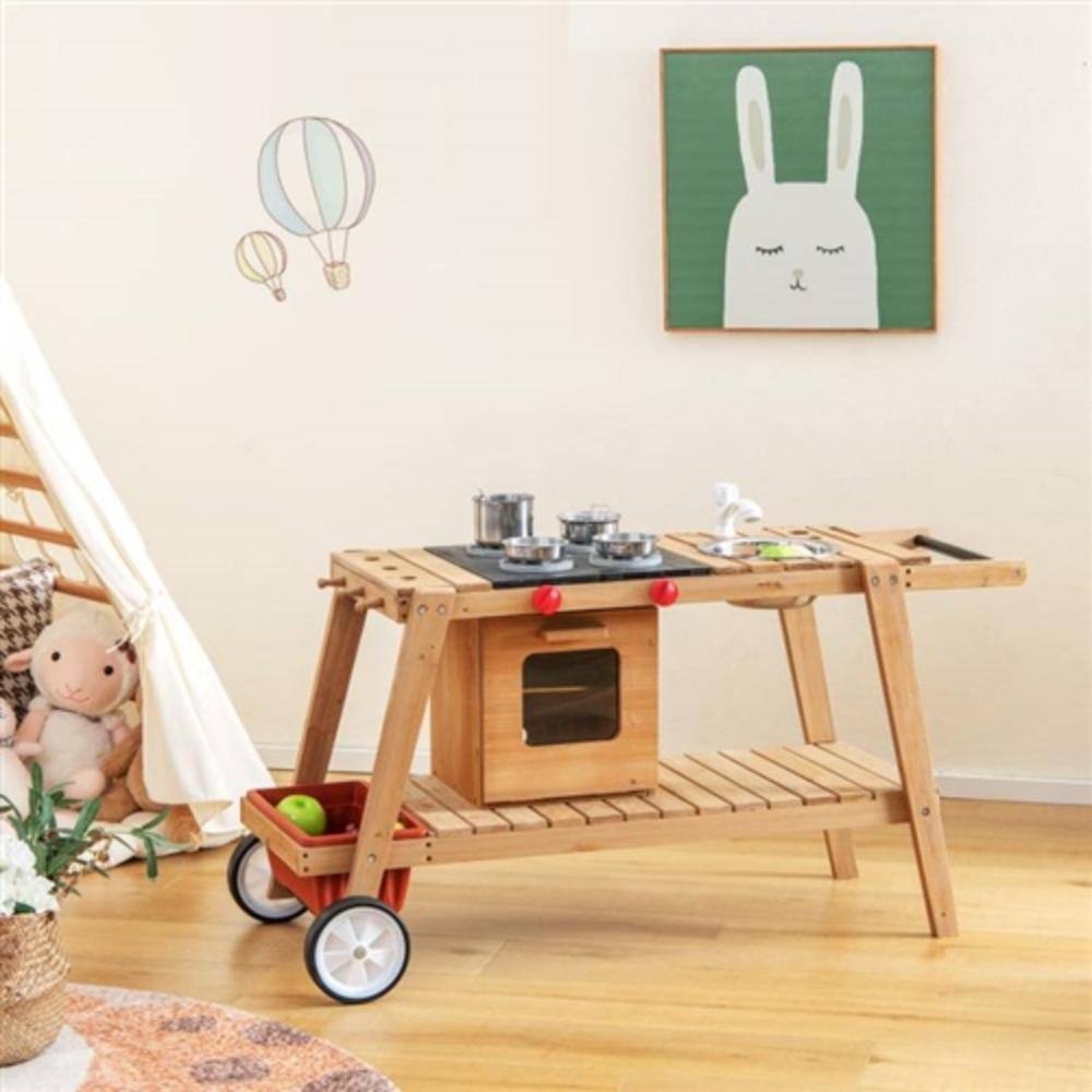 Angle. Hivvago - Kids Wooden Play Portable Cook Cart Set Sun Proof Umbrella - Navy, White, Brown.