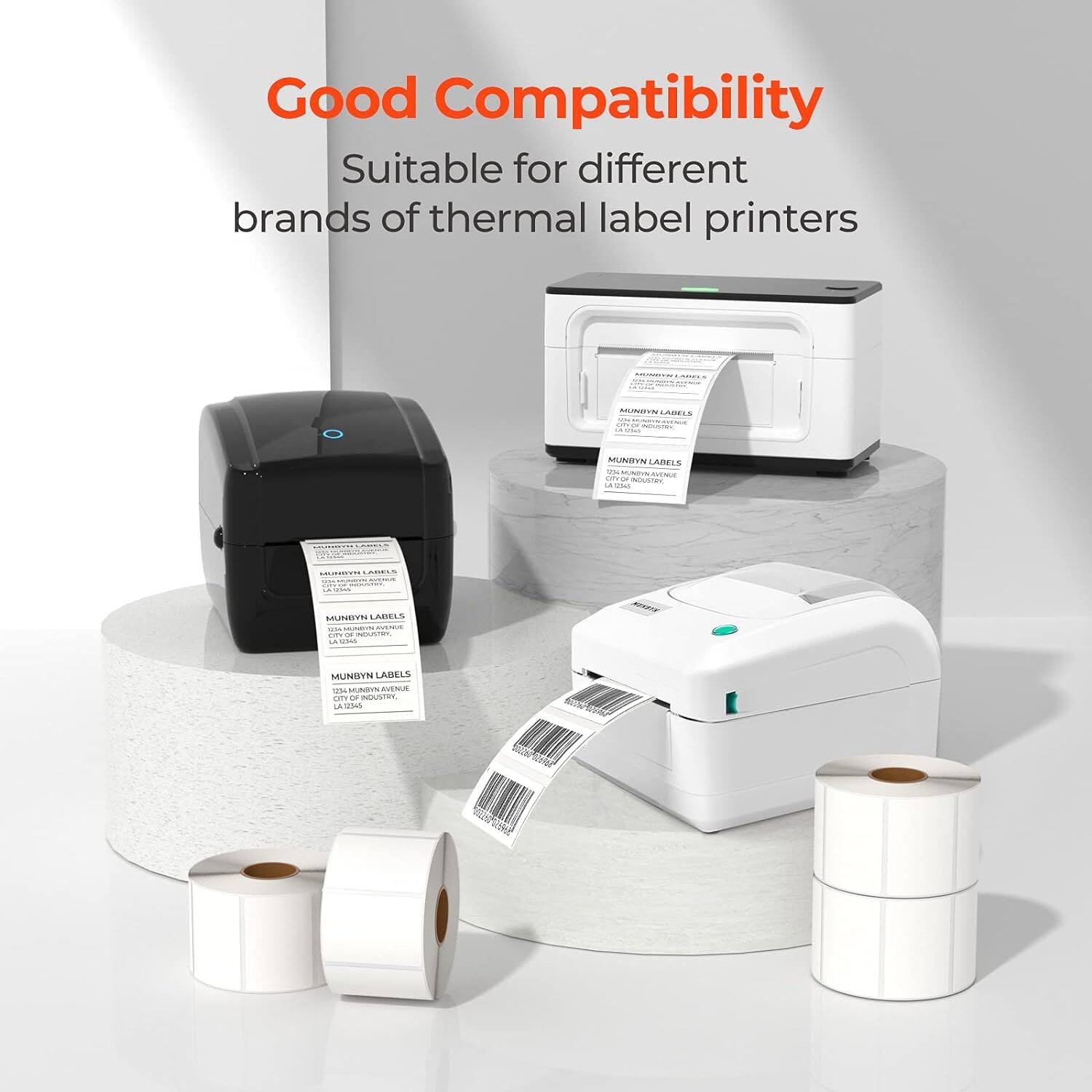 Good Compatibility Suitable for different brands of thermal label printers. MUNISTIN LABELS - -C ... I - :  MUNIYTI LABELS .m ... - .. -  .. - MUNDVN LABELS - U Aa .... O IDUSiY.  AIM C 1W00 ades
