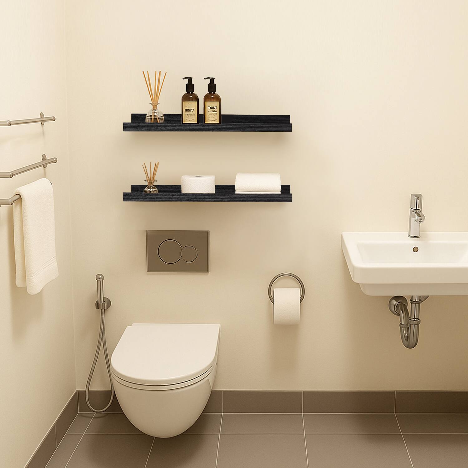 Alt View 5. BOMEDA - 2 Pack 24 in Floating Picture Ledge Shelves, Modern Wood Wall Shelf for Photos, Books, Room Decor for Living Room - Black.