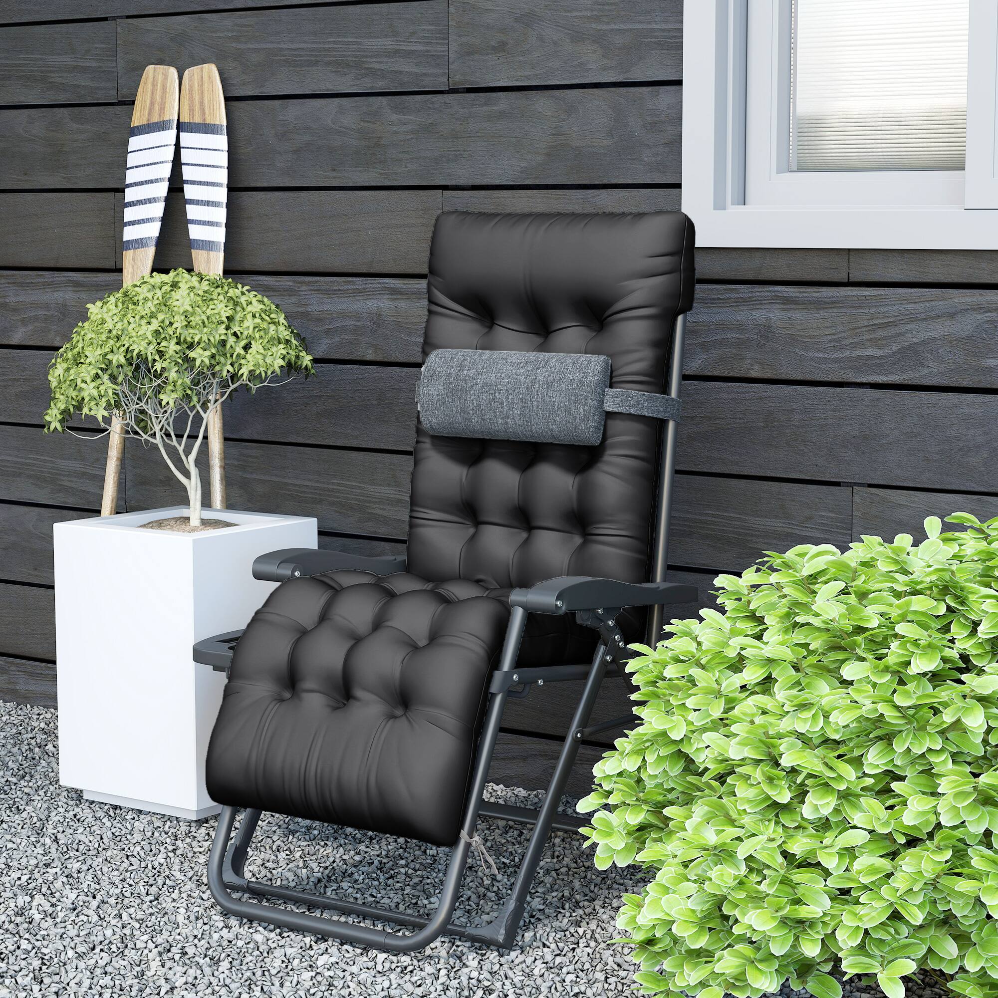 Alt View 7. Outsunny - Zero Gravity Chair, Folding Reclining Lounge Chair with Padded Cushion, Side Tray for Indoor and Outdoor - Black.