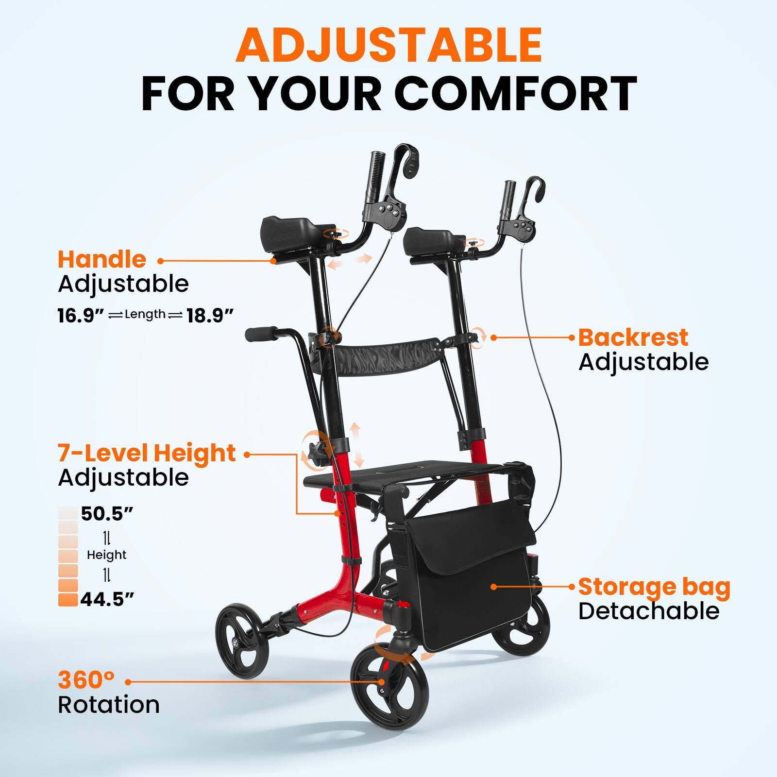 ADJUSTABLE FOR YOUR COMFORT

- Handle Adjustable
  - Length: 16.9" - 18.9"

- Backrest Adjustable

- 7-Level Height Adjustable
  - Height: 50.5" - 44.5"

- Storage bag Detachable

- 360° Rotation