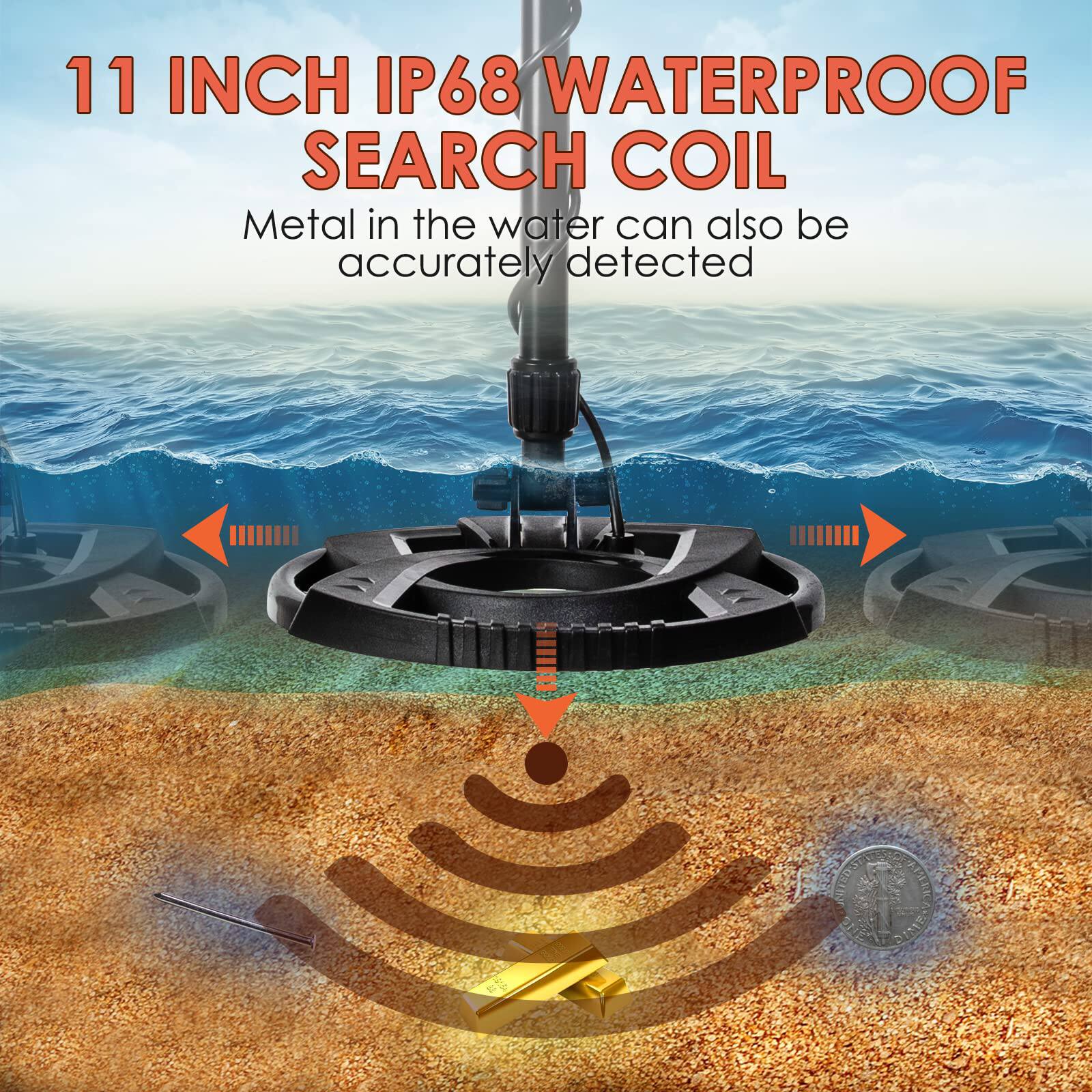 11 INCH IP68 WATERPROOF SEARCH COIL  
Metal in the water can also be accurately detected