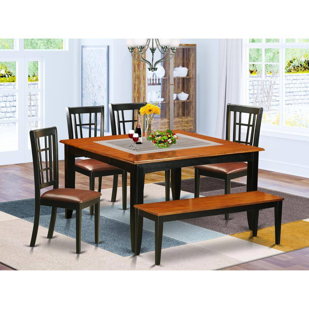 Alt View 2. East West Furniture - 6 PC Dining room set with bench-Dining Table and 4 Wooden Dining Chairs plus a bench - Black & Cherry.
