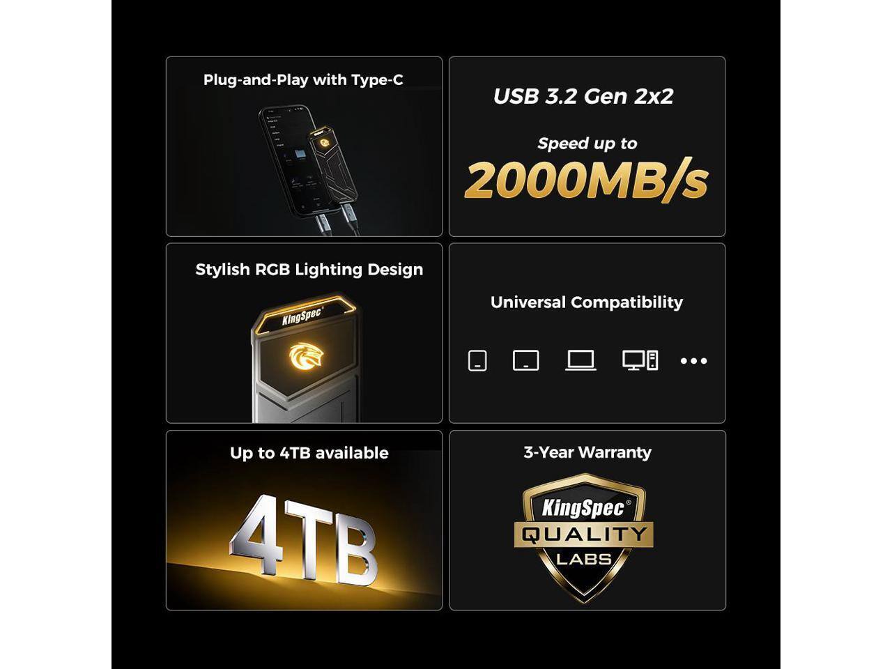 KingSpec Z5 RGB 512GB SSD 2100 MB/s, USB 3.2 Gen 2, Type C, 20Gbps