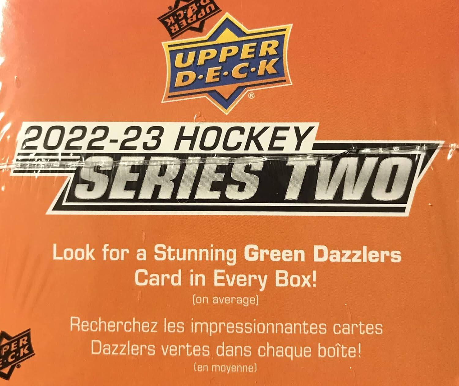 C.K UPPER D.E.C.K  
2022-23 HOCKEY SERIES TWO  
Look for a Stunning Green Dazzlers Card in Every Box! (on average)  
Recherchez les impressionnantes cartes Dazzlers vertes dans chaque boîte! (en moyenne)