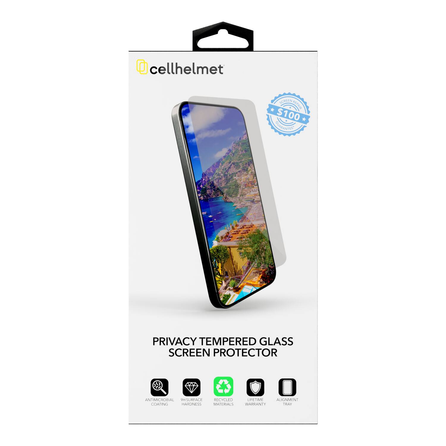 cellhelmet  
SCREEN REPAIR $ $100 *  
CUARATE PRIVACY TEMPERED GLASS SCREEN PROTECTOR  
ANTIMICROBIAL SURFACE  
H1 SURFACE HARDNESS  
RECYCLED LFETME ALIGNMENT  
COATING  
WARRANTY TRAYS