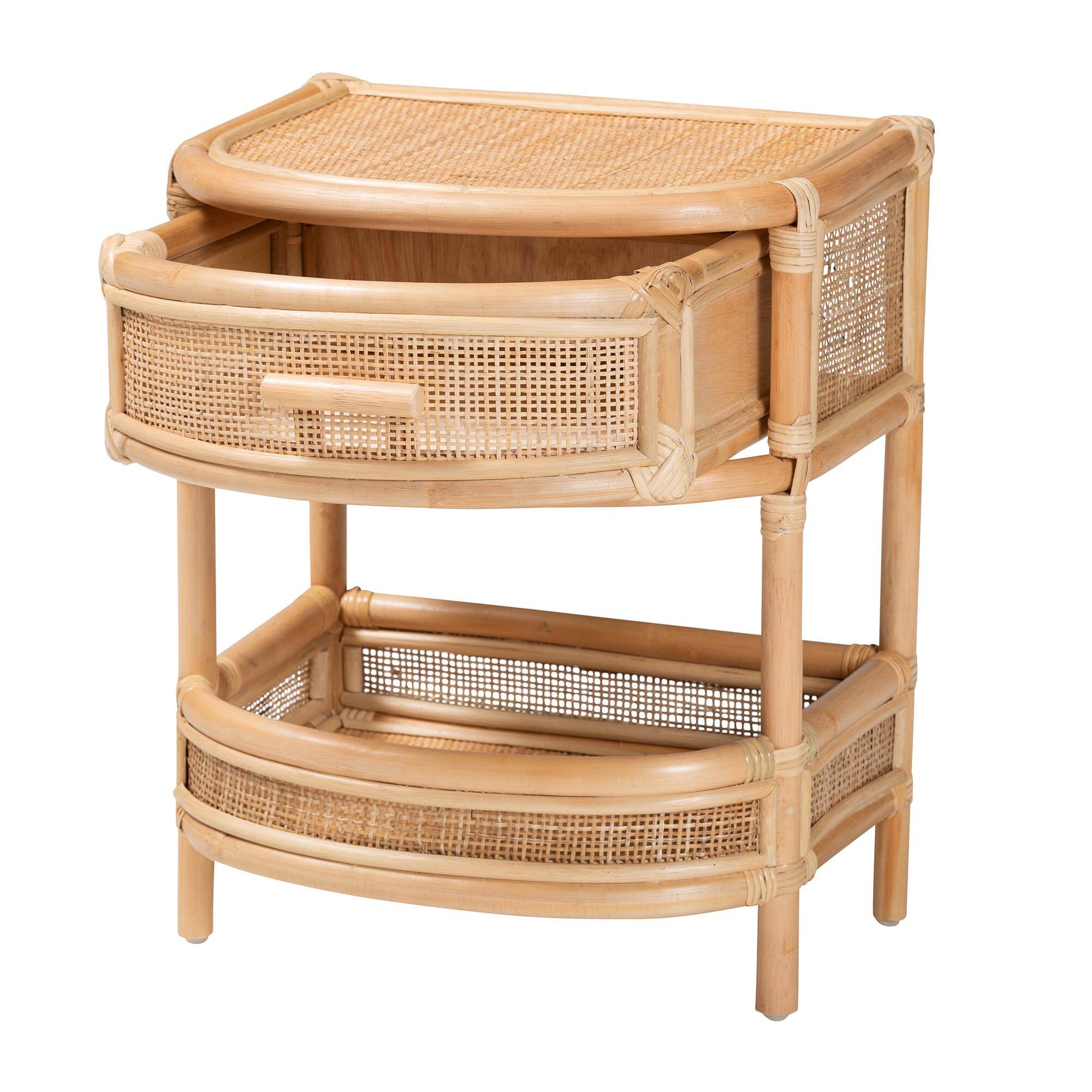 Angle. bali & pari - Divitia Bohemian Natural Rattan 1-Drawer Nightstand - Natural.