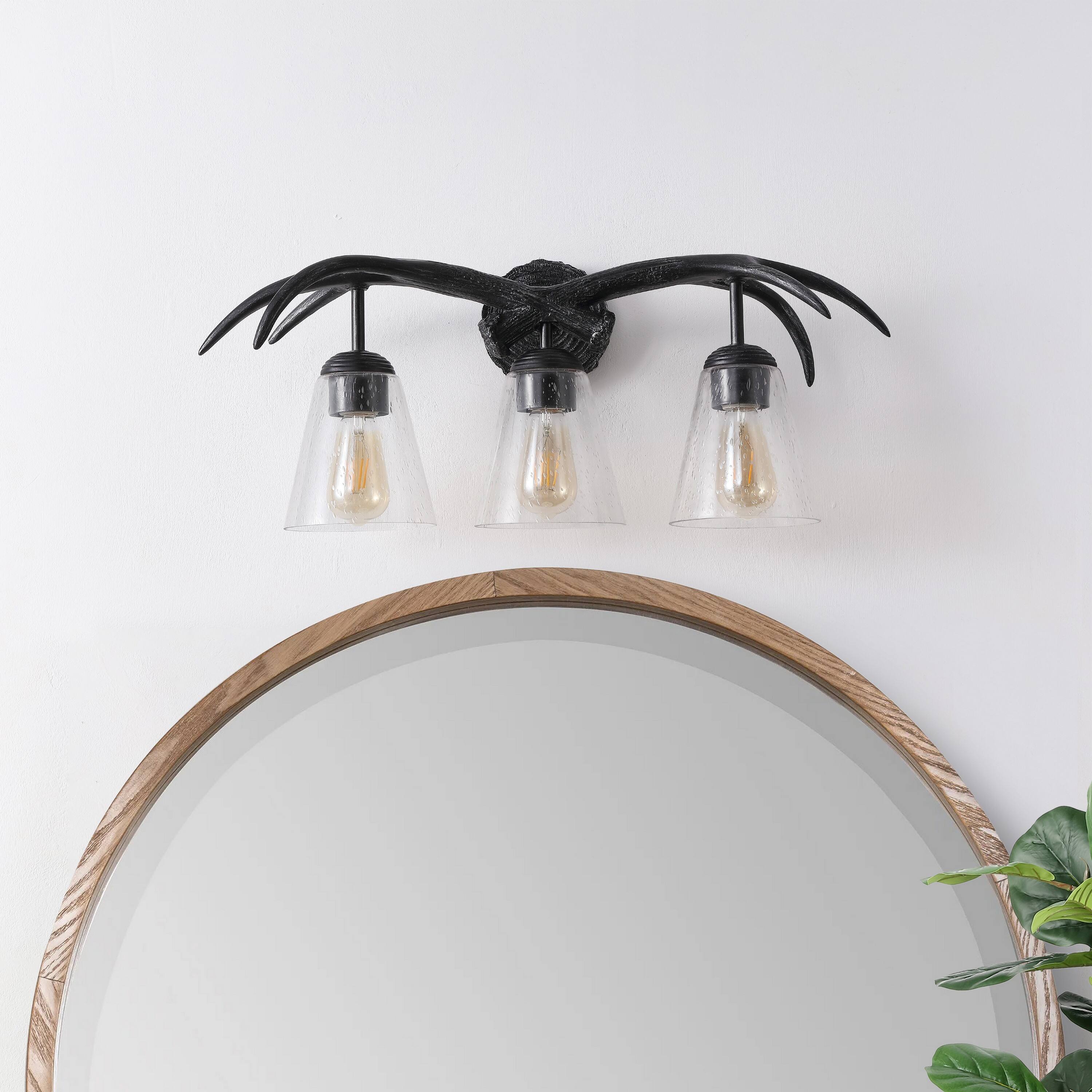 Alt View 7. Jonathan Y - Wyatt 25.5" 3-Light Southwestern Bohemian Resin/Seeded Glass Faux Antler LED Vanity Light, Antique Black Wood Finish - Antique Black.