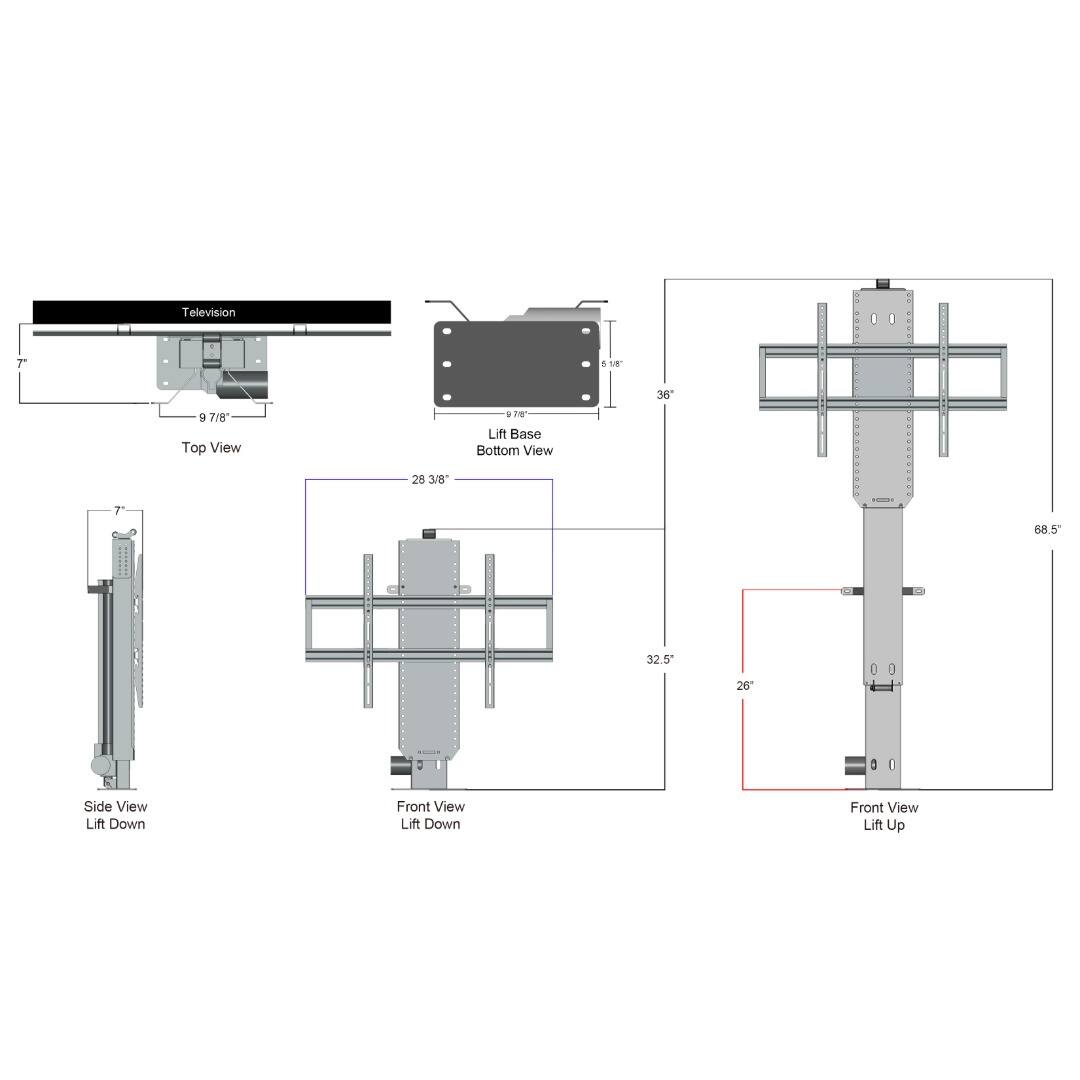 Television  
Top View  
Lift Base  
Bottom View  
Side View  
Front View  
Lift Down  
Lift Up  

Dimensions:  
- 36"  
- 9 7/8"  
- 28 3/8"  
- 7"  
- 5 1/8"  
- 68.5"  
- 32.5"  
- 26"