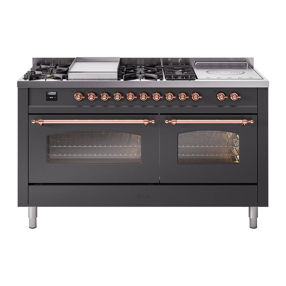 Front. ILVE - ILVE Nostalgie II 60 inch Dual Fuel Range with 7 Burners + Griddle (Natural Gas, Graphite Matte, Copper Trim) - Graphite Matte.