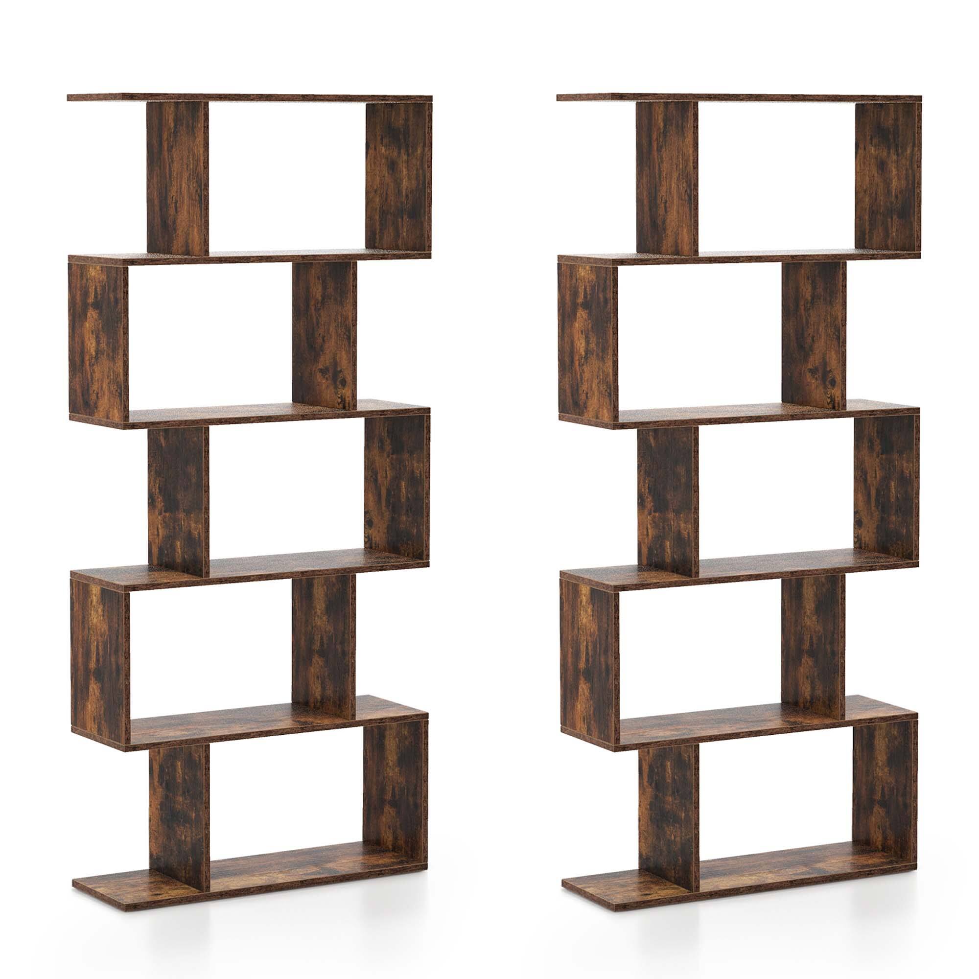 Alt View 9. Costway - Costway 2 PCS 5-Tier Bookshelf Geometric S-Shaped Bookcase Room Divider Storage Display - Rustic Brown.