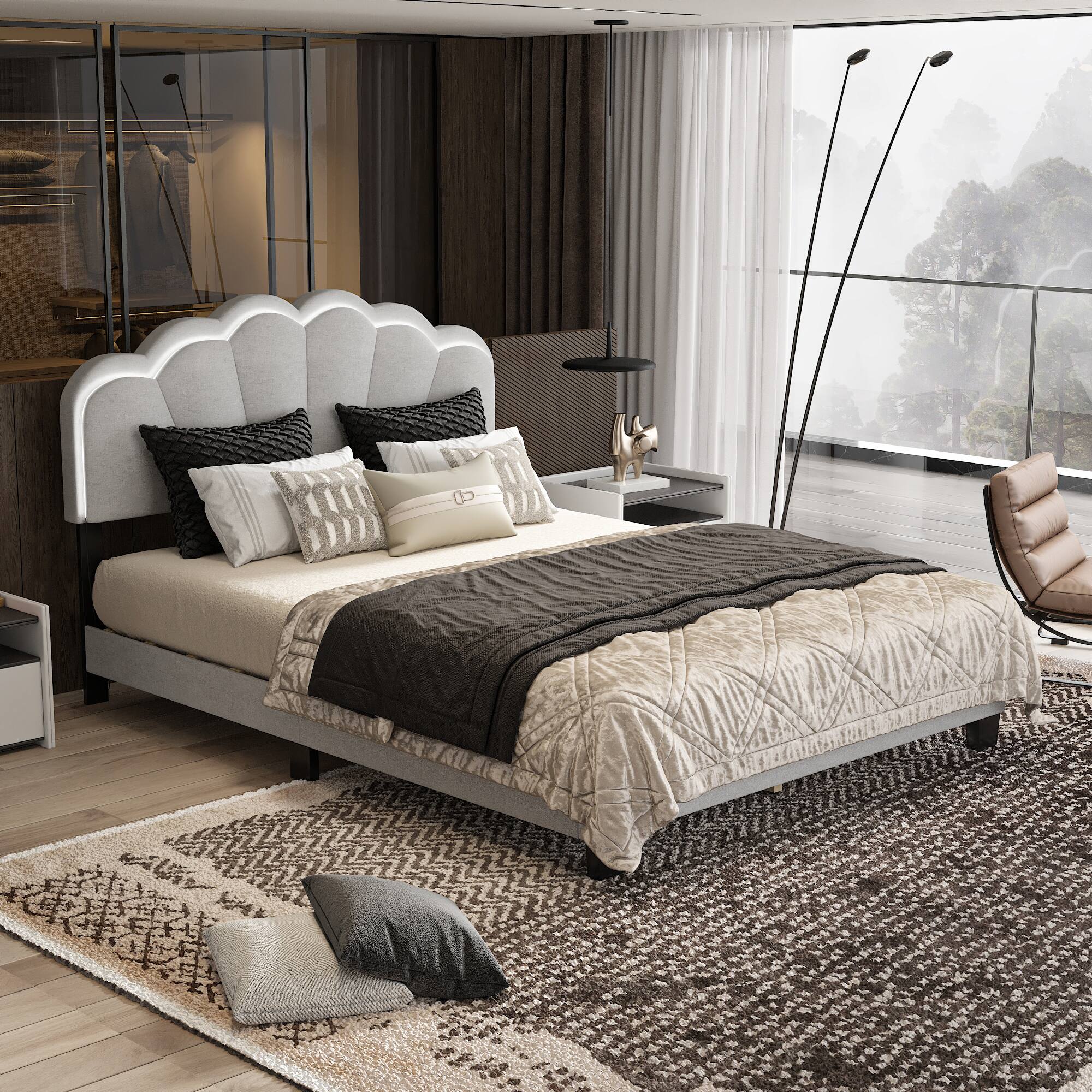 Alt View 5. Famapy - Famapy Upholstered Bed Frame: LED - Lit Shell Headboard & Reinforced Support - Gray.