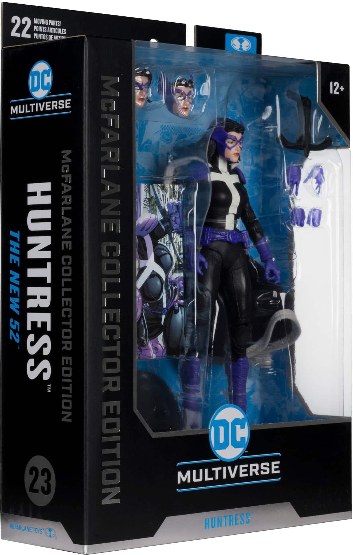 The image features a box containing a DC Multiverse Huntress action figure. The figure is a part of a collector's edition, and it is displayed in a plastic case. The box is labeled with the number 23, indicating that it is the 23rd edition of the collector's series. The action figure is a representation of the Huntress character from the DC Comics universe.