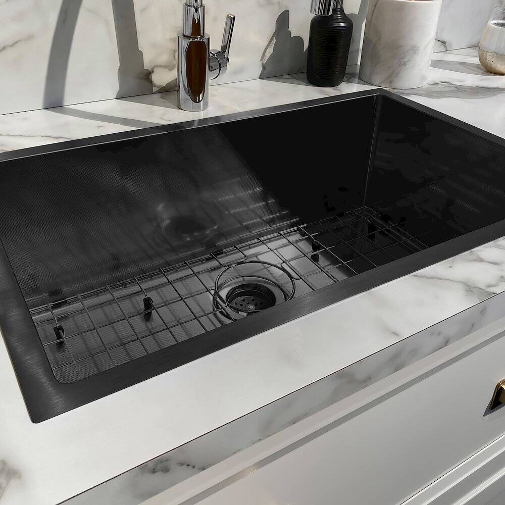Alt View 1. Whitehaus - Noah Plus 16 gauge Single Bowl Linen Textured Dual-Mount Sink Set - Black.