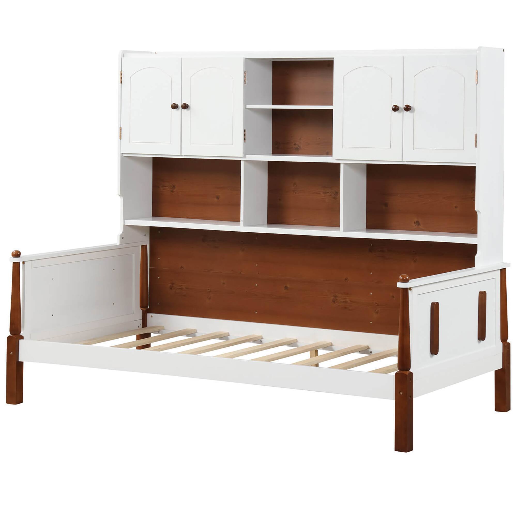 Alt View 9. Gymax - Gymax Twin Daybed w/ Bookcase Wooden Platform Bed w/ Shelves & Cabinets White & Brown - White, Brown.
