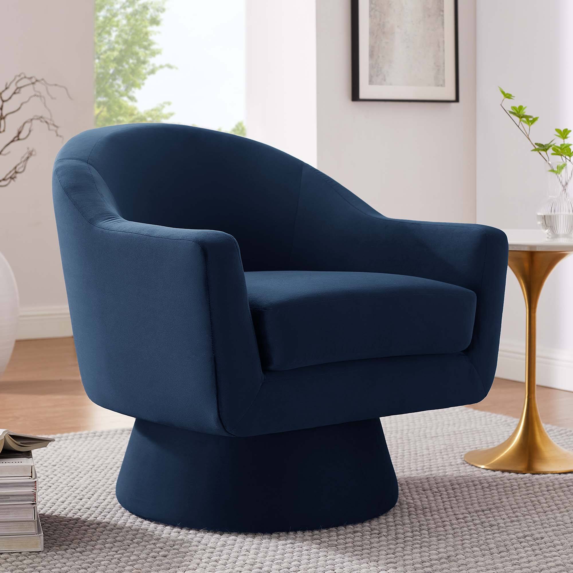 Front. Modway - Astral Performance Velvet Fabric and Wood Swivel Chair by Modway - Midnight Blue.