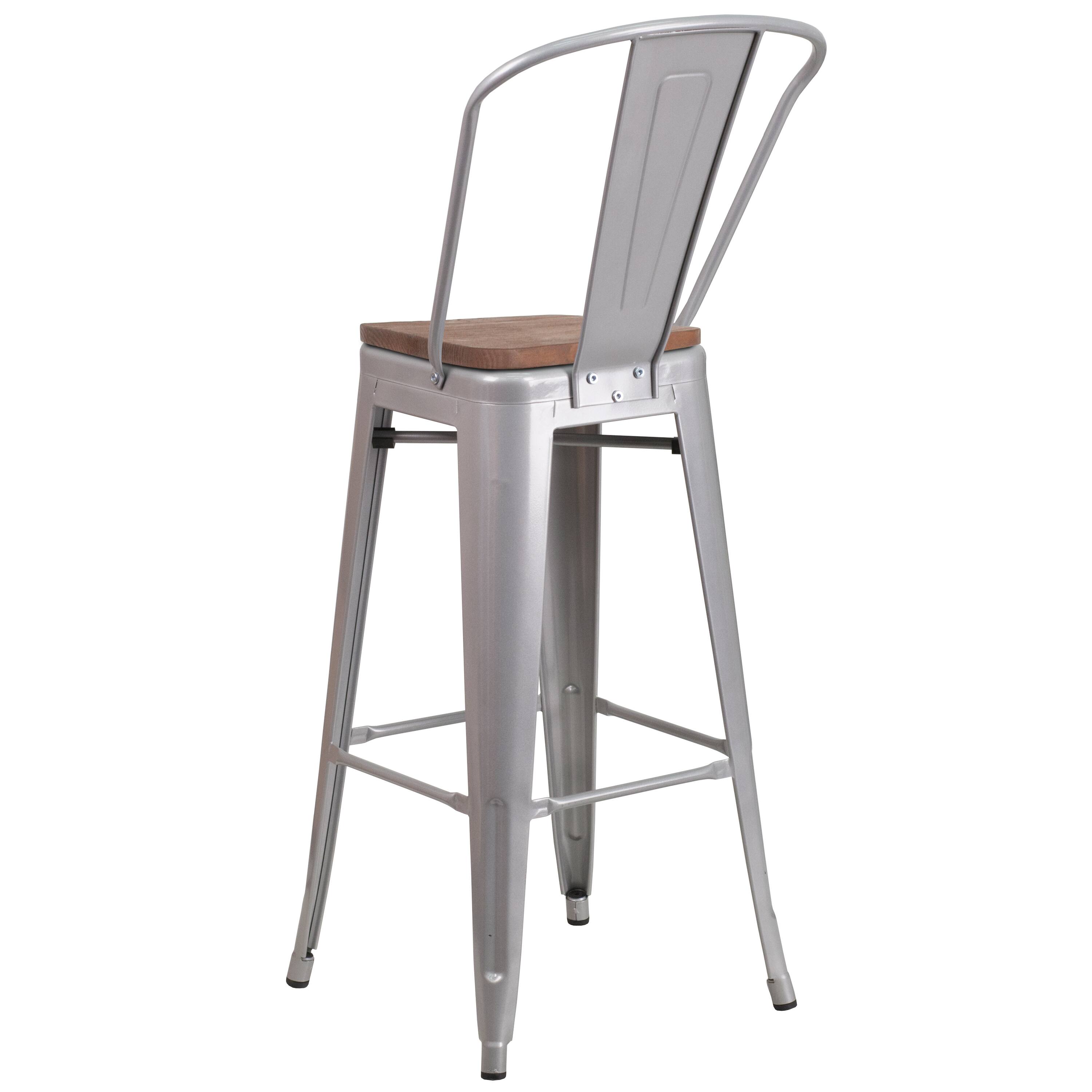 Alt View 5. Emma + Oliver - 30"H Metal Dining Barstool with Back and Square Wood Seat - Silver.