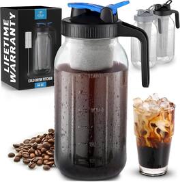Zulay Kitchen - Premium Cold Brew Coffee Maker - 64oz Mason Jar With Leak-Proof Lid & Extra-Thick Glass - Blue
