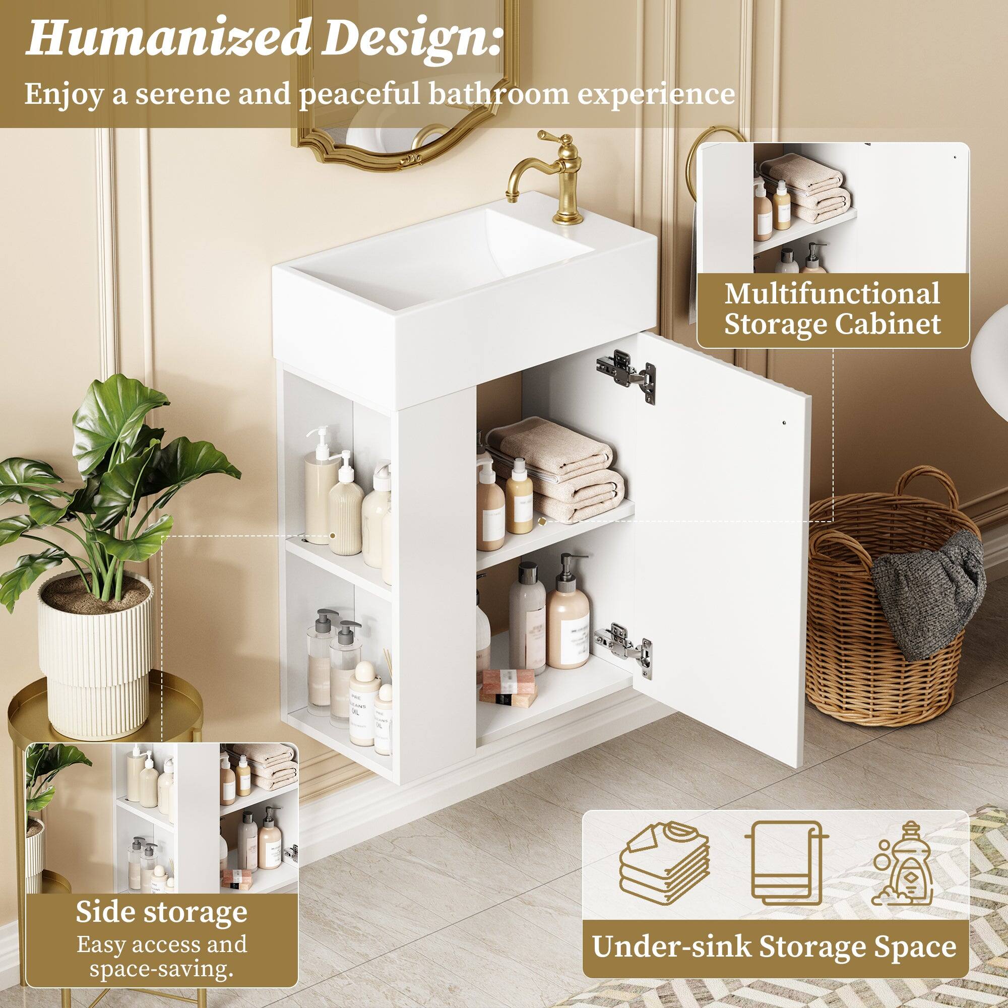 Humanized Design:  
Enjoy a serene and peaceful bathroom experience

Multifunctional Storage Cabinet

Side storage  
Easy access and space-saving.

Under-sink Storage Space