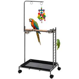 Pawhut - Stand with Wheels Parrot Stand with Slide-out Tray Stainless Steel Bowls for Indoor Outdoor Dark - Dark Gray