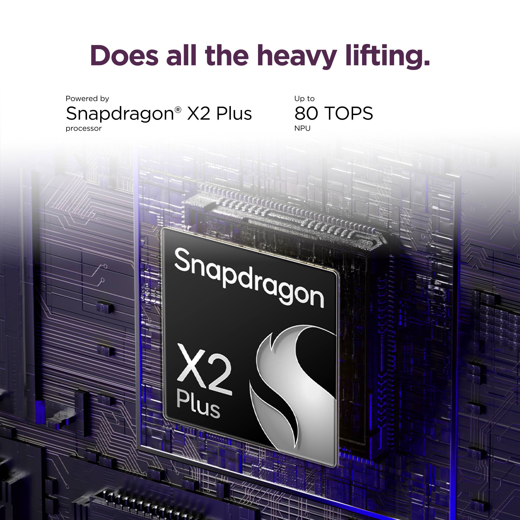 Does all the heavy lifting.  
Powered by Snapdragon X2 Plus processor  
Up to 80 TOPS NPU