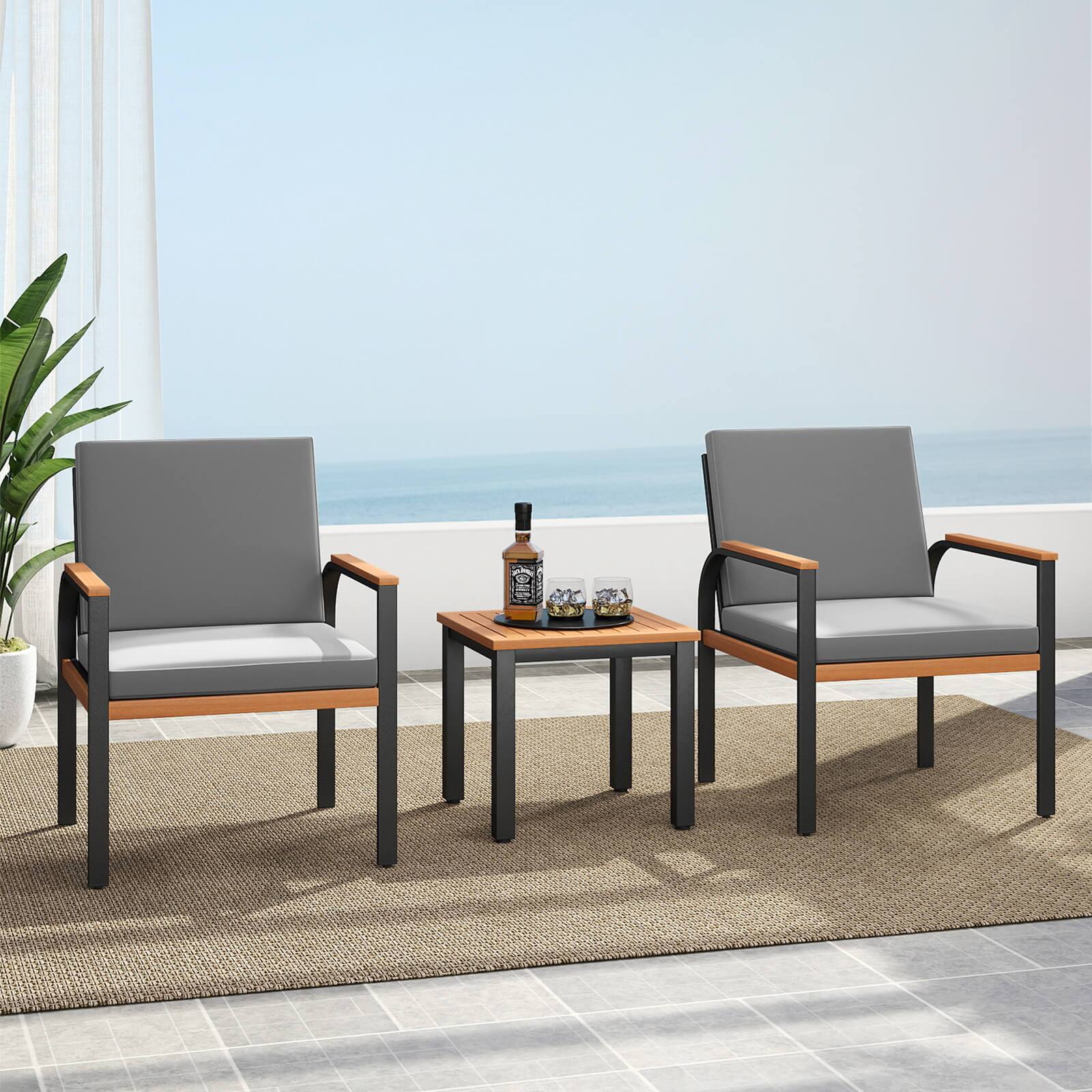 Alt View 5. Costway - Costway 3 PCS Patio Furniture Set with Coffee Table Removable Cushions Acacia Wood Armrests - Gray.