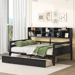 Aukfa - Twin size Daybed, Wood Slat Support, with Bedside Shelves and Two Drawers - Espresso