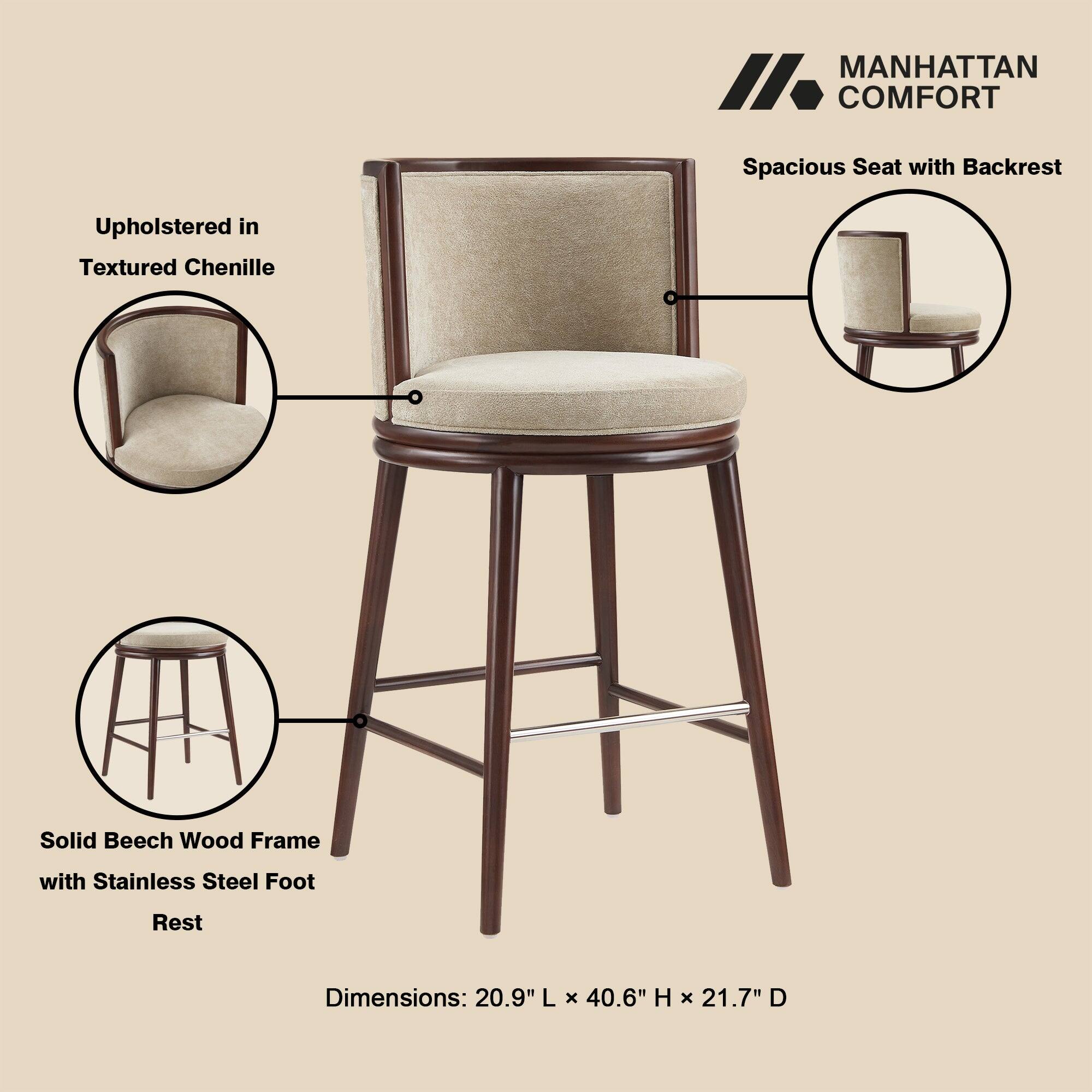 MANHATTAN COMFORT

Spacious Seat with Backrest

Upholstered in Textured Chenille

Solid Beech Wood Frame with Stainless Steel Foot Rest

Dimensions: 20.9" L x 40.6" H x 21.7" D