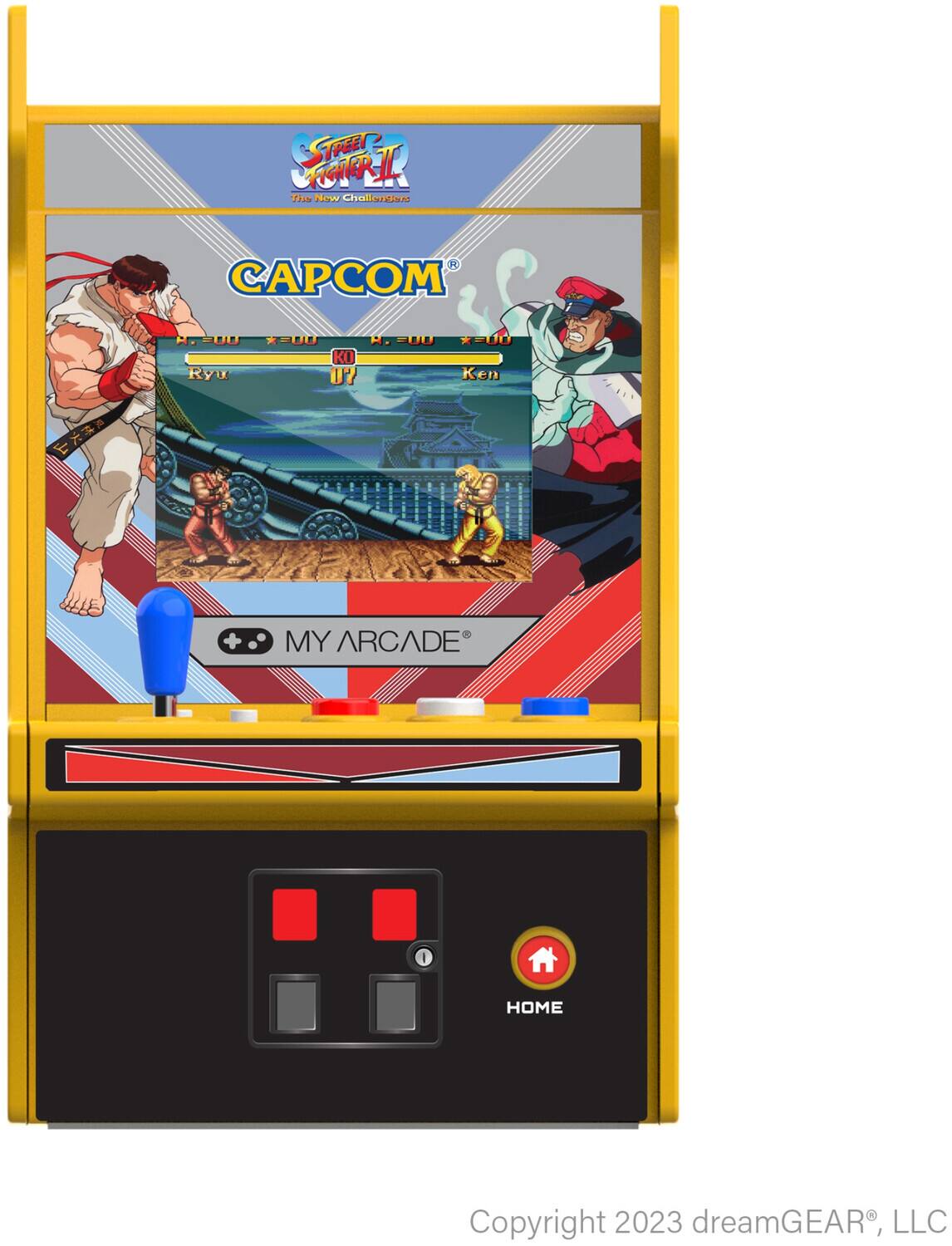 Sure, here is the corrected and grouped text from the image:

---

**Street Fighter II**  
The New Challengers

**CAPCOM**

**Ryu**  
H. 00  
K.O. 07

**Ken**  
H. 00  
K.O. 00

**MY ARCADE**

**HOME**

---

**Copyright 2023 dreamGEAR®, LLC**