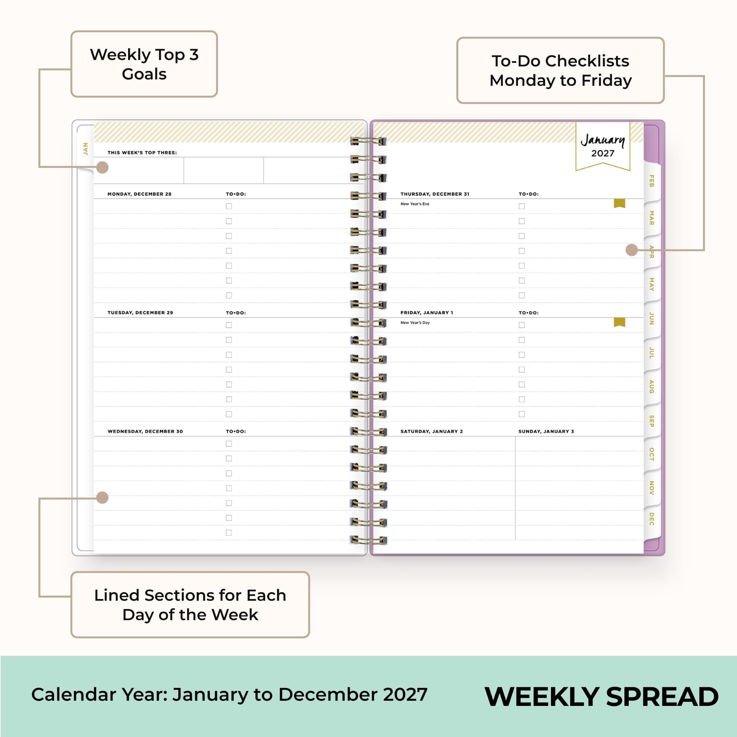Weekly Top 3 Goals

To-Do Checklists Monday to Friday

JAN
THIS WEEK'S TOP THREE: MONDAY, DECEMBER 28 TUESDAY, DECEMBER 29 WEDNESDAY, DECEMBER 30
TO-DO: TO-DO: TO-DO:
THURSDAY, DECEMBER 31 New Year's Eve
FRIDAY, JANUARY 1 New Year's Day
January 2027 TO-DO: TO-DO: SUNDAY, JANUARY 1

FEB MAR APR MAY JUN JUL AUG SEP OCT NOV DEC

Lined Sections for Each Day of the Week

Calendar Year: January to December 2027

WEEKLY SPREAD