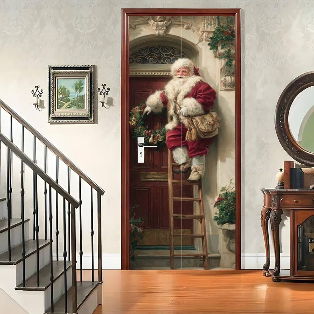 MOSZAR LLC - Santa Climbing Ladder Door Sticker, 30×78 in, Removable Vinyl Holiday Decor - Red