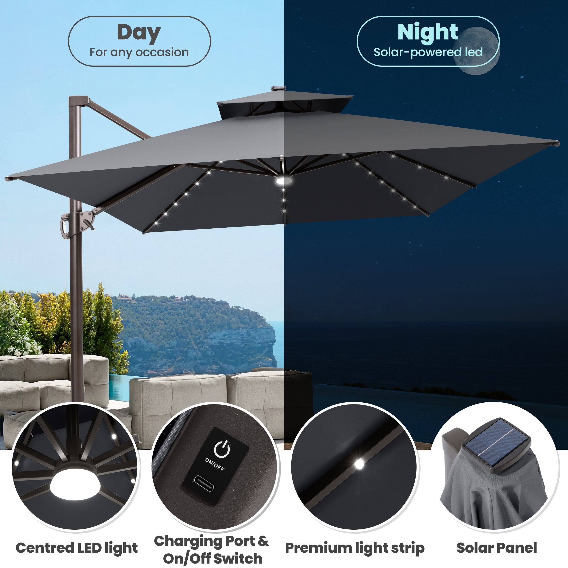 - Day: For any occasion
- Night: Solar-powered LED
- Centred LED light
- Charging Port & On/Off Switch
- Premium light strip
- Solar Panel