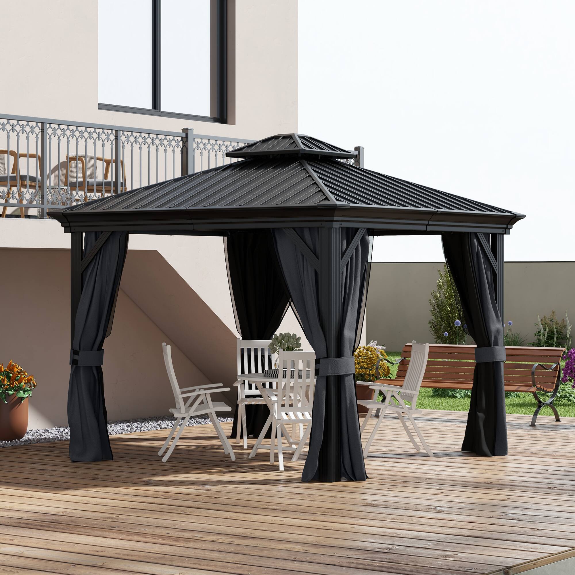 Alt View 1. Outsunny - 10' x 12' Hardtop Gazebo with Curtains and Netting, Permanent Pavilion Metal Double Roof Gazebo Canopy - Dark Gray.