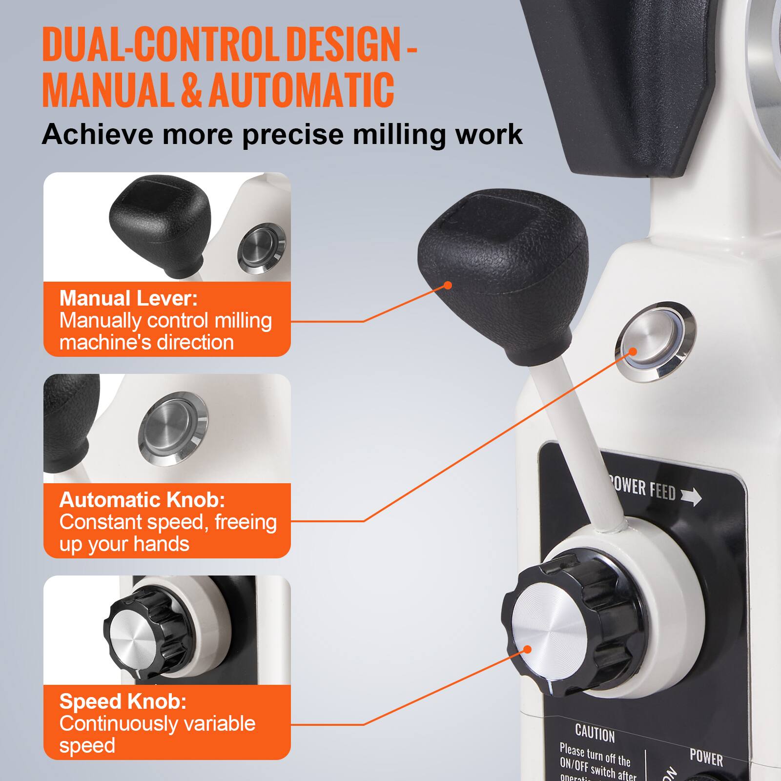DUAL-CONTROL DESIGN- MANUAL & AUTOMATIC  
Achieve more precise milling work  

Manual Lever: Manually control milling machine's direction  
Automatic Knob: Constant speed, freeing up your hands  
Speed Knob: Continuously variable speed  

CAUTION  
Please turn ON/OFF the power switch after use
