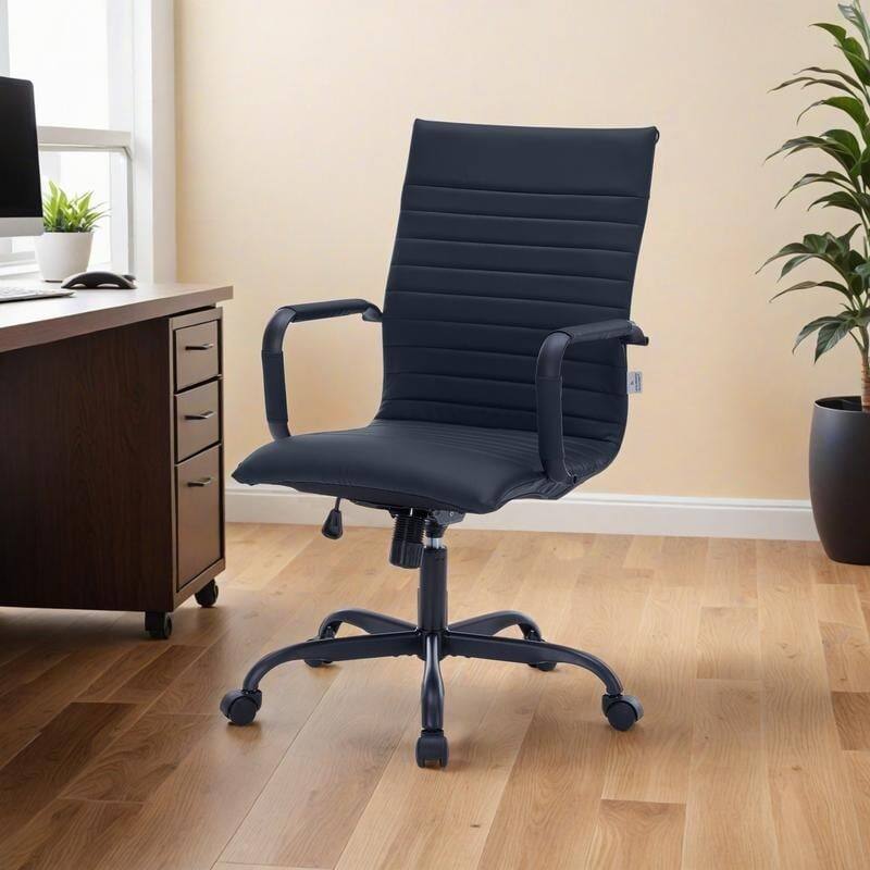 Angle. LeisureMod - Harris Ergonomic High-Back Office Chair Leather Upholstery, Adjustable Swivel, Tilt, and Black Iron Frame - Black.