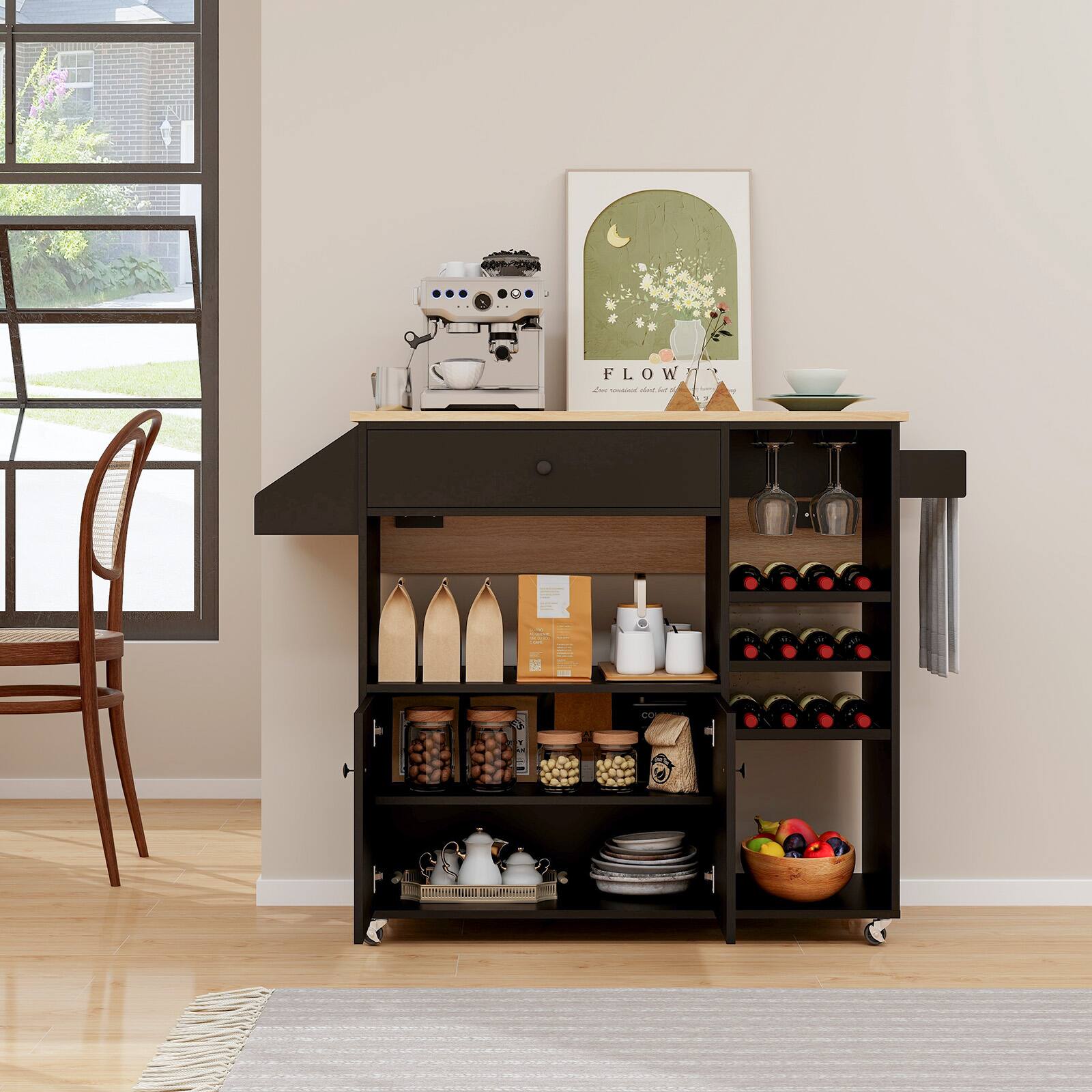 Angle. SlickBlue - Rolling Kitchen Island Cart with Drop Leaf, Power Outlet, and Adjustable Storage - Black.